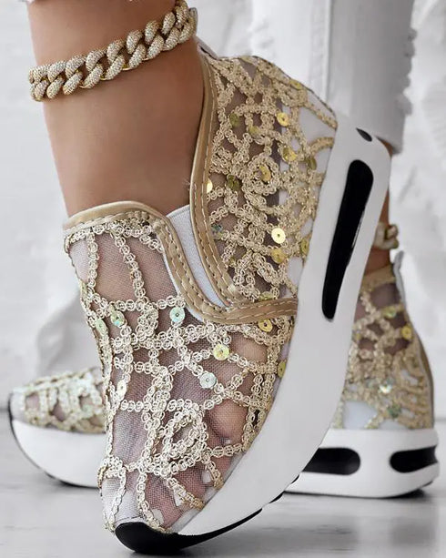 Contrast Sequin Lace Slip On Muffin Sneakers gold