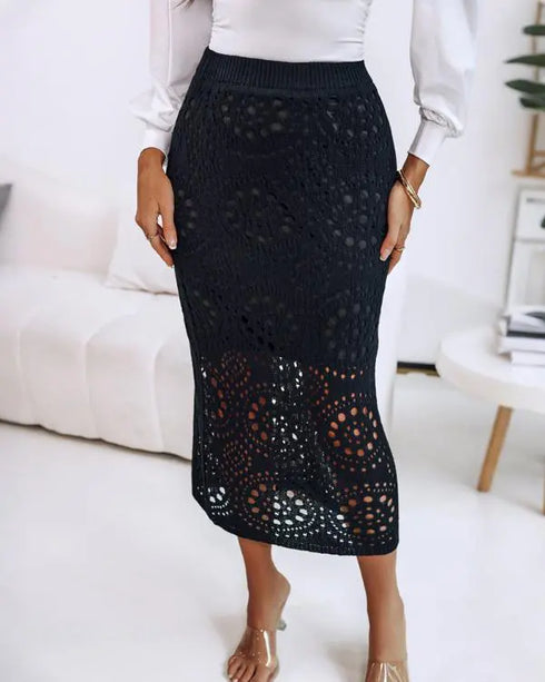 Crochet Pattern Elastic Waist Hollow-out Mid-Calf Skirt Casual Commuting Skirt black