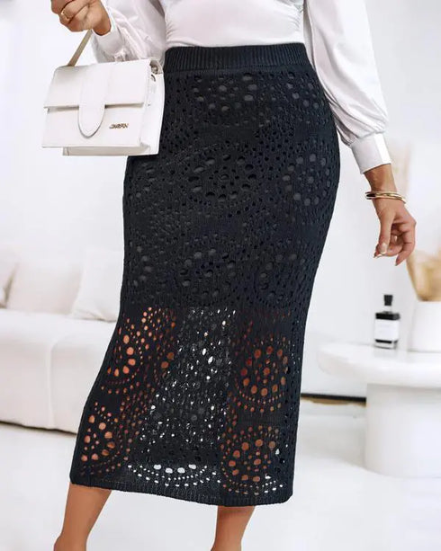 Crochet Pattern Elastic Waist Hollow-out Mid-Calf Skirt Casual Commuting Skirt black