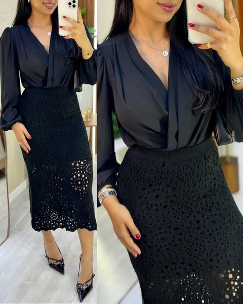 Crochet Pattern Elastic Waist Hollow-out Mid-Calf Skirt Casual Commuting Skirt black