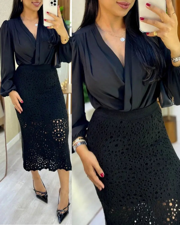 Crochet Pattern Elastic Waist Hollow-out Mid-Calf Skirt Casual Commuting Skirt black