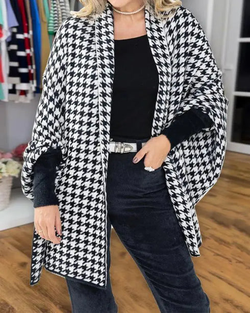 Houndstooth Print Versatile Loose Fit Sweater Coat Casual Warm Cape Shawl blackwhite
