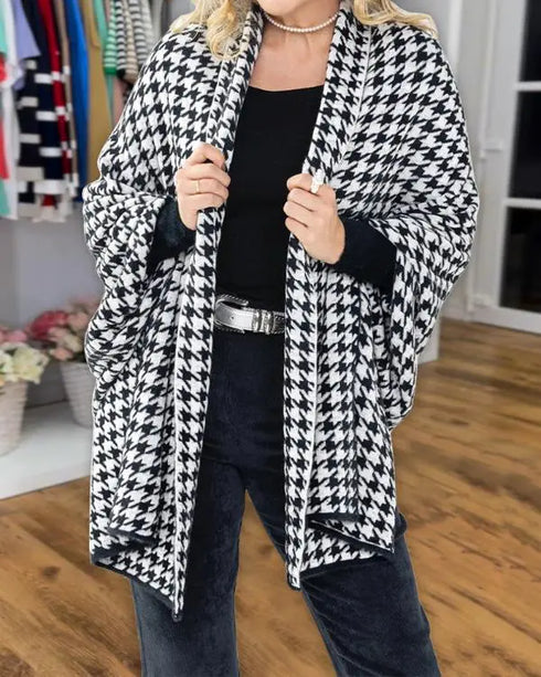 Houndstooth Print Versatile Loose Fit Sweater Coat Casual Warm Cape Shawl blackwhite