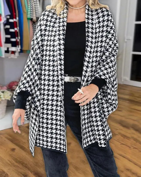 Houndstooth Print Versatile Loose Fit Sweater Coat Casual Warm Cape Shawl blackwhite
