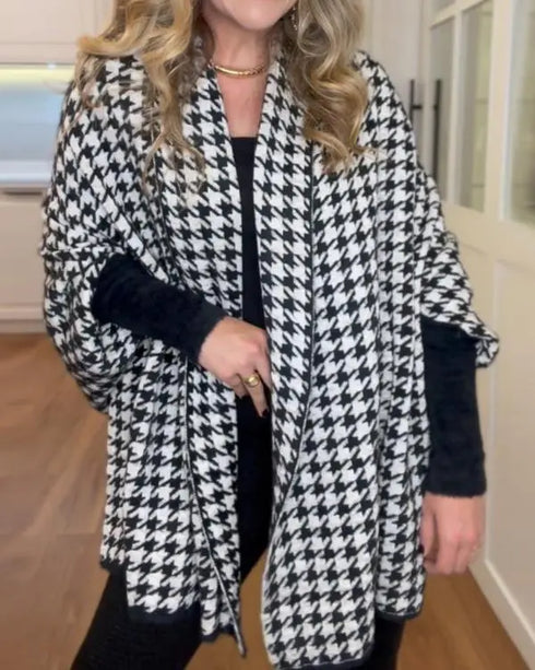 Houndstooth Print Versatile Loose Fit Sweater Coat Casual Warm Cape Shawl blackwhite
