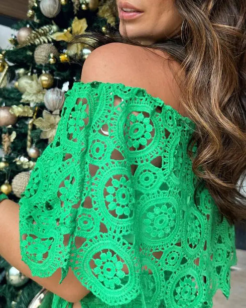 2 Piece Floral Pattern Off the Shoulder Batwing Sleeve Hollow-out Top Straight Leg Pants Elegant Pants Set green