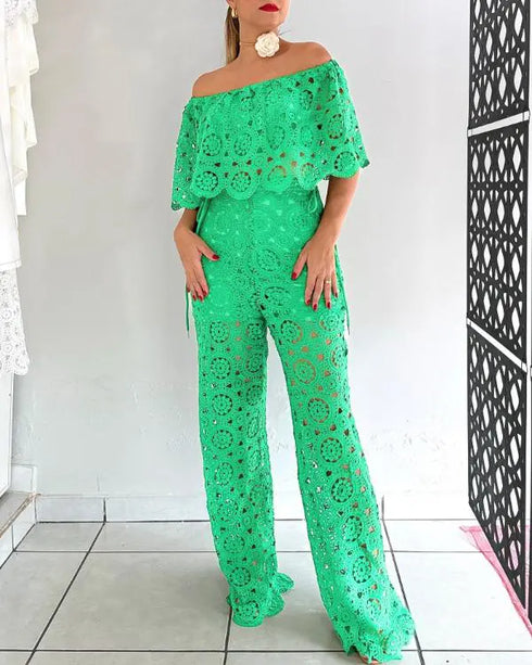 2 Piece Floral Pattern Off the Shoulder Batwing Sleeve Hollow-out Top Straight Leg Pants Elegant Pants Set green