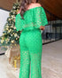 2 Piece Floral Pattern Off the Shoulder Batwing Sleeve Hollow-out Top Straight Leg Pants Elegant Pants Set green
