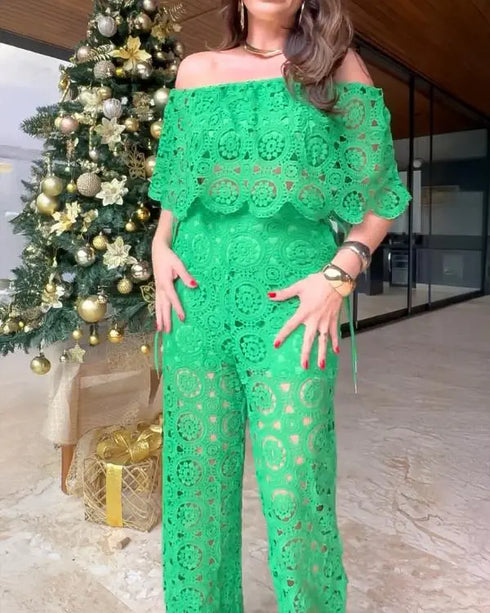 2 Piece Floral Pattern Off the Shoulder Batwing Sleeve Hollow-out Top Straight Leg Pants Elegant Pants Set green