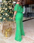 2 Piece Floral Pattern Off the Shoulder Batwing Sleeve Hollow-out Top Straight Leg Pants Elegant Pants Set green