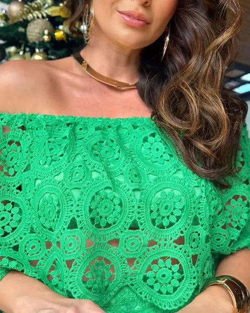 2 Piece Floral Pattern Off the Shoulder Batwing Sleeve Hollow-out Top Straight Leg Pants Elegant Pants Set green