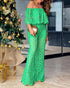 2 Piece Floral Pattern Off the Shoulder Batwing Sleeve Hollow-out Top Straight Leg Pants Elegant Pants Set green