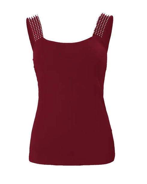 Rhinestone Embellished Thick Strap Tank Top Wine red
