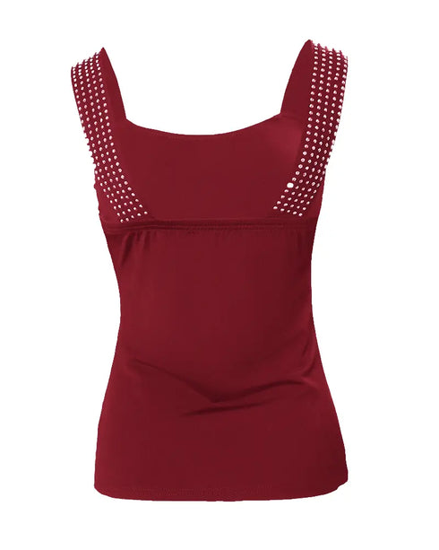 Rhinestone Embellished Thick Strap Tank Top Wine red