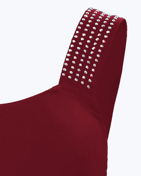 Rhinestone Embellished Thick Strap Tank Top Wine red