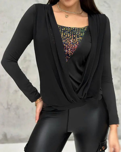 Contrast Sequin Cowl Neck Ruched Long Sleeve Top black