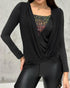Contrast Sequin Cowl Neck Ruched Long Sleeve Top black