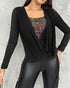 Contrast Sequin Cowl Neck Ruched Long Sleeve Top black