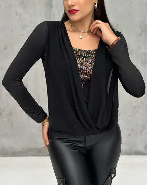 Contrast Sequin Cowl Neck Ruched Long Sleeve Top black