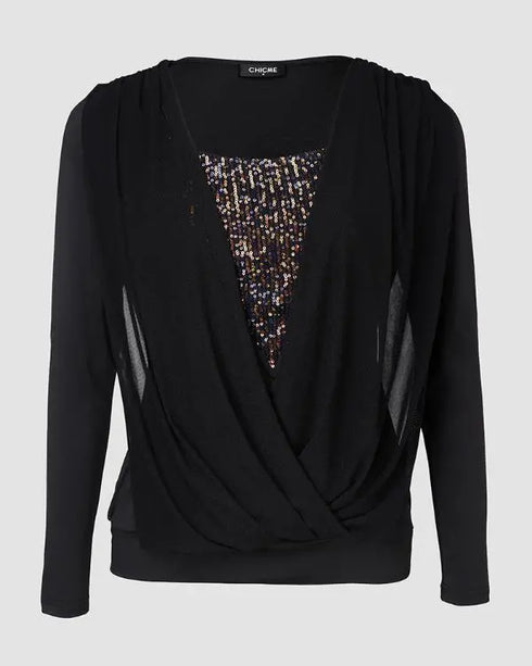 Contrast Sequin Cowl Neck Ruched Long Sleeve Top black