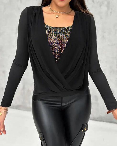 Contrast Sequin Cowl Neck Ruched Long Sleeve Top black