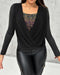 Contrast Sequin Cowl Neck Ruched Long Sleeve Top black