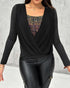Contrast Sequin Cowl Neck Ruched Long Sleeve Top black