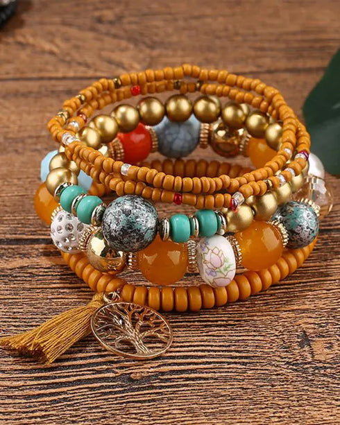 1pc Bohemian Beaded Hollow Out Geometric Tassel Multi-layer Bracelet yellow