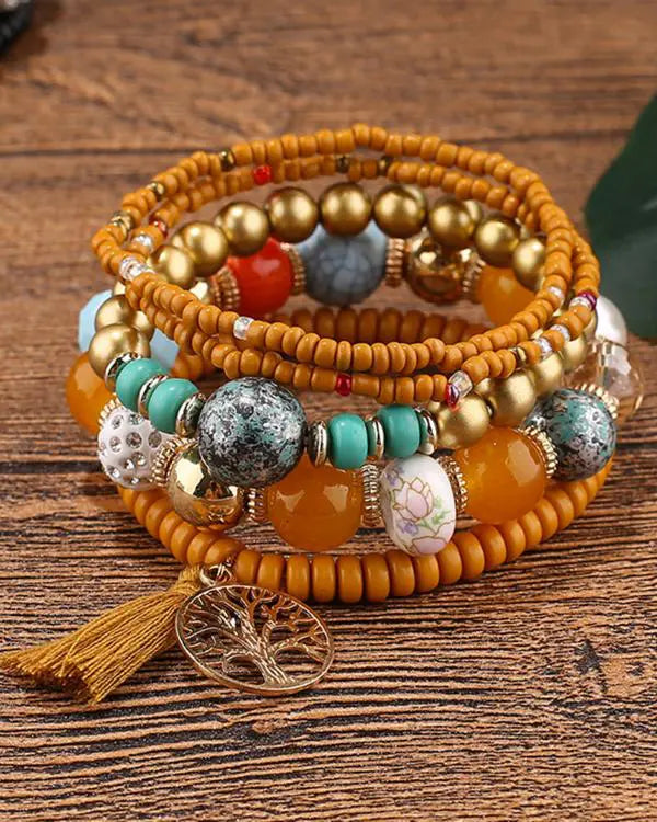 1pc Bohemian Beaded Hollow Out Geometric Tassel Multi-layer Bracelet yellow