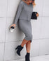 2 Piece Long Sleeve Cable Knit Sweater and V-Neck Slip Bodycon Midi Dress gray