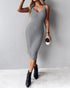 2 Piece Long Sleeve Cable Knit Sweater and V-Neck Slip Bodycon Midi Dress gray