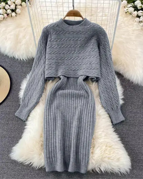2 Piece Long Sleeve Cable Knit Sweater and V-Neck Slip Bodycon Midi Dress gray