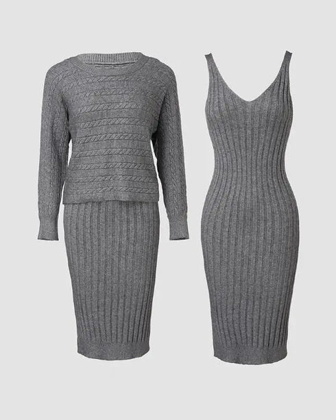 2 Piece Long Sleeve Cable Knit Sweater and V-Neck Slip Bodycon Midi Dress gray
