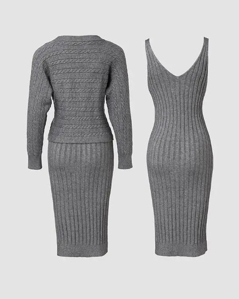 2 Piece Long Sleeve Cable Knit Sweater and V-Neck Slip Bodycon Midi Dress gray
