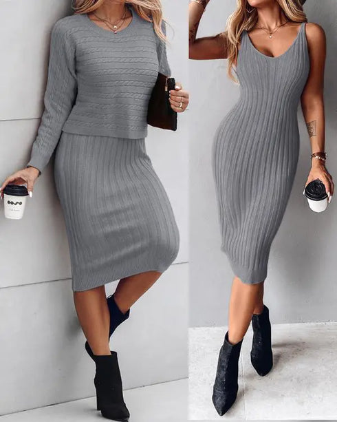2 Piece Long Sleeve Cable Knit Sweater and V-Neck Slip Bodycon Midi Dress gray