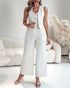 2 Pieces Outfits V Neck Sleeveless Button Front Vest Crop Top and Casual Zipper Fly Elastic Back Waist Wide Leg Pants Set beige