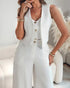 2 Pieces Outfits V Neck Sleeveless Button Front Vest Crop Top and Casual Zipper Fly Elastic Back Waist Wide Leg Pants Set beige