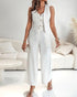 2 Pieces Outfits V Neck Sleeveless Button Front Vest Crop Top and Casual Zipper Fly Elastic Back Waist Wide Leg Pants Set beige