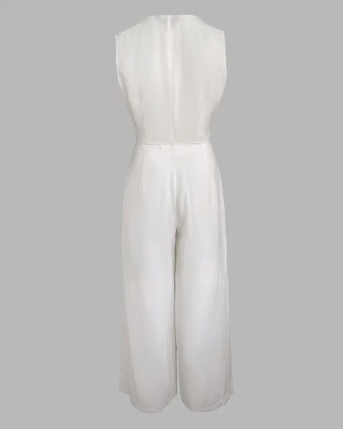 2 Pieces Outfits V Neck Sleeveless Button Front Vest Crop Top and Casual Zipper Fly Elastic Back Waist Wide Leg Pants Set beige