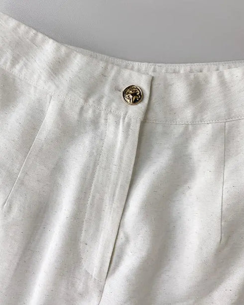 2 Pieces Outfits V Neck Sleeveless Button Front Vest Crop Top and Casual Zipper Fly Elastic Back Waist Wide Leg Pants Set beige