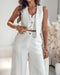 2 Pieces Outfits V Neck Sleeveless Button Front Vest Crop Top and Casual Zipper Fly Elastic Back Waist Wide Leg Pants Set beige