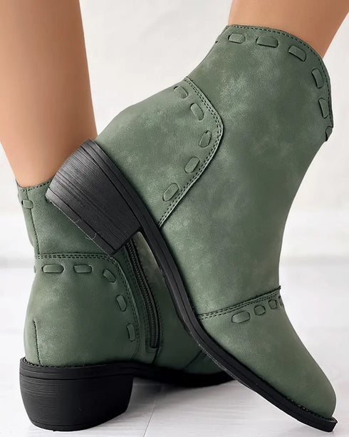 Almond Toe Chunky Heel Ankle Boots green