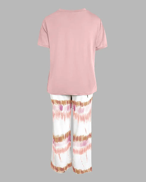 2 Pieces Outfit Letter print Round Neck Short Sleeve Top and Tie Dye Print Elastic Waist Loose Fit Pants Set Casual Pajamas Set pink