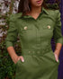 Turn-down Collar Long Sleeve Button Decor Front Slit Slim Fit Mid-Calf Dress Work Bodycon dark green