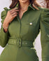 Turn-down Collar Long Sleeve Button Decor Front Slit Slim Fit Mid-Calf Dress Work Bodycon dark green