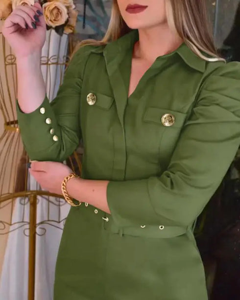 Turn-down Collar Long Sleeve Button Decor Front Slit Slim Fit Mid-Calf Dress Work Bodycon dark green
