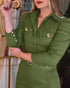 Turn-down Collar Long Sleeve Button Decor Front Slit Slim Fit Mid-Calf Dress Work Bodycon dark green