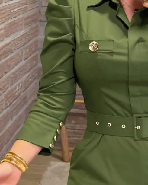 Turn-down Collar Long Sleeve Button Decor Front Slit Slim Fit Mid-Calf Dress Work Bodycon dark green