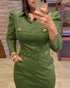 Turn-down Collar Long Sleeve Button Decor Front Slit Slim Fit Mid-Calf Dress Work Bodycon dark green