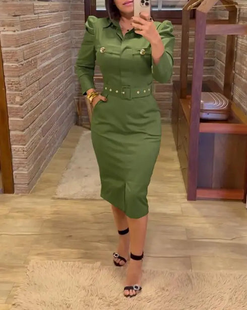 Turn-down Collar Long Sleeve Button Decor Front Slit Slim Fit Mid-Calf Dress Work Bodycon dark green